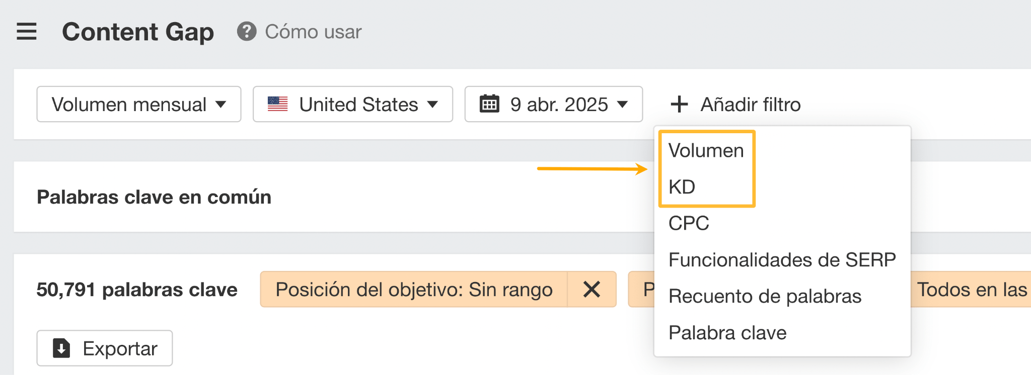 Filtros de Volumen y KD en Content gap.