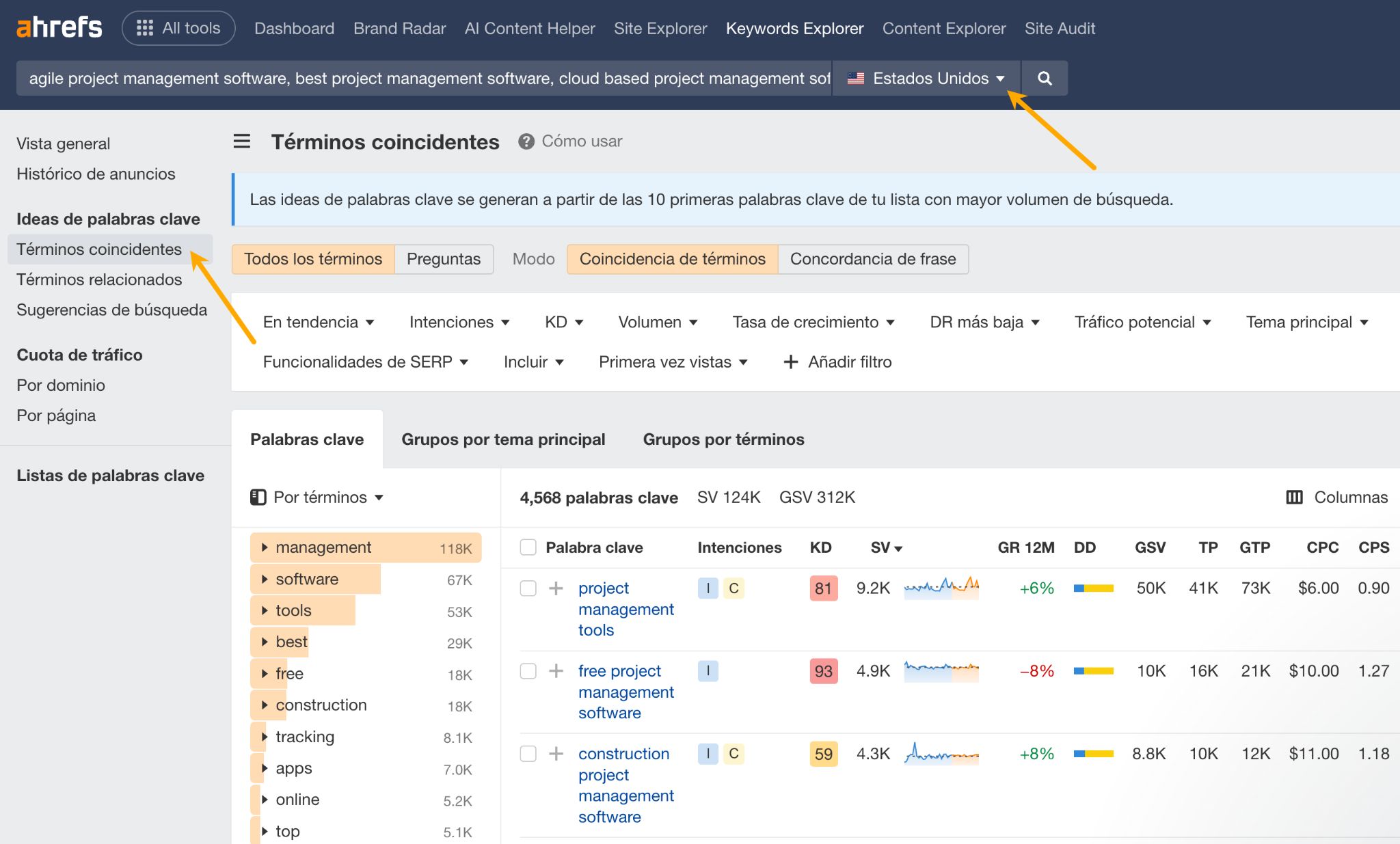 Informe de Términos coincidentes de Keywords Explorer de Ahrefs.