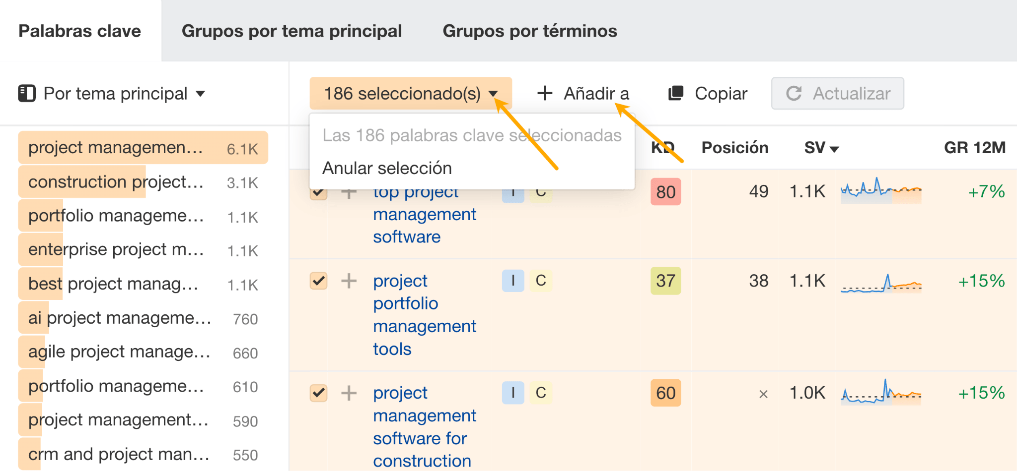 Selección de palabras clave en Keywords Explorer de Ahrefs.
