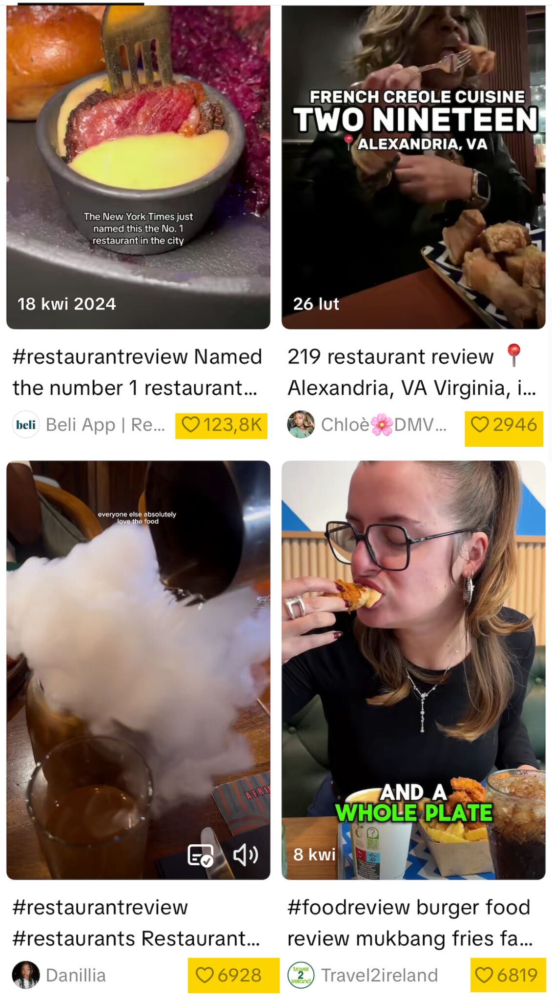 Un collage de cuatro vídeos diferentes de TikTok que muestran reseñas de restaurantes. Los vídeos presentan primeros planos de comida y experiencias gastronómicas, representando el tipo de contenido auténtico que se encuentra en la plataforma.