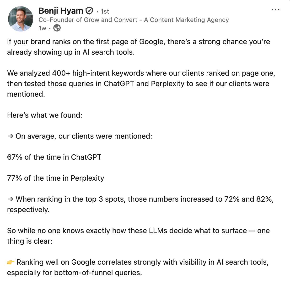 Benji Hyam diciendo que, de media, sus clientes fueron mencionados el 67 % de las veces en ChatGPT y el 77 % de las veces en Perplexity.