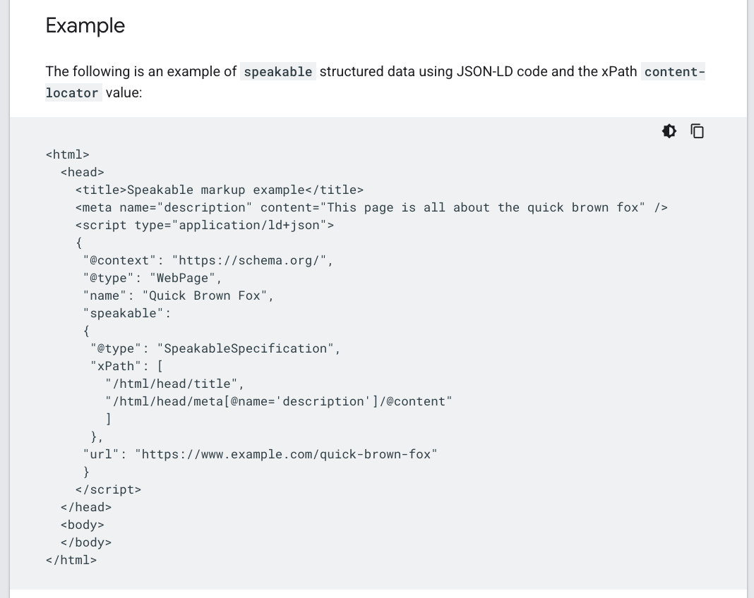Captura de pantalla de un ejemplo de Google de datos estructurados “speakable”.