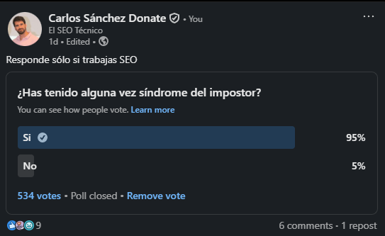 Captura de pantalla de una encuesta de Carlos Sánchez acerca del síndrome del impostor en el SEO