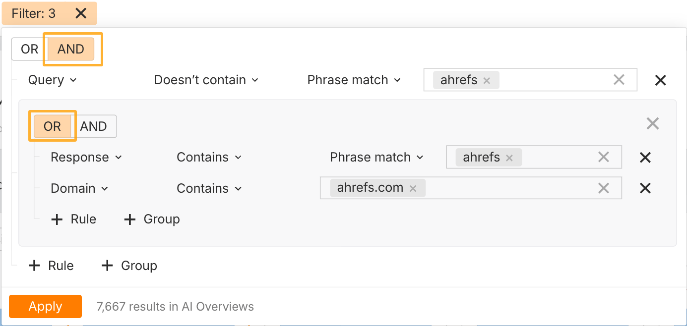 Configuración de filtros en Brand Radar para encontrar menciones de marca en consultas no relacionadas con la marca. 