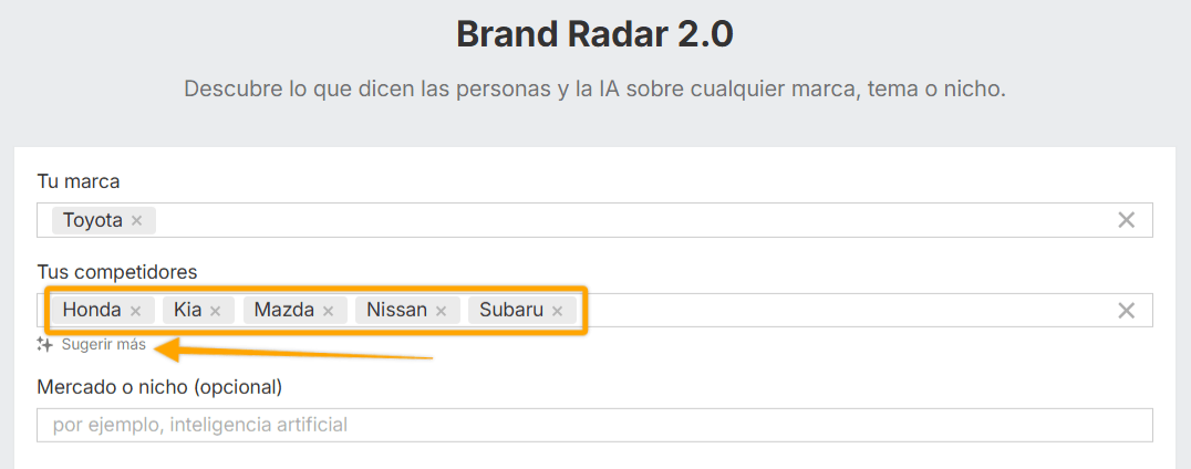 Función de sugerencia de competidores por IA en Brand Radar.