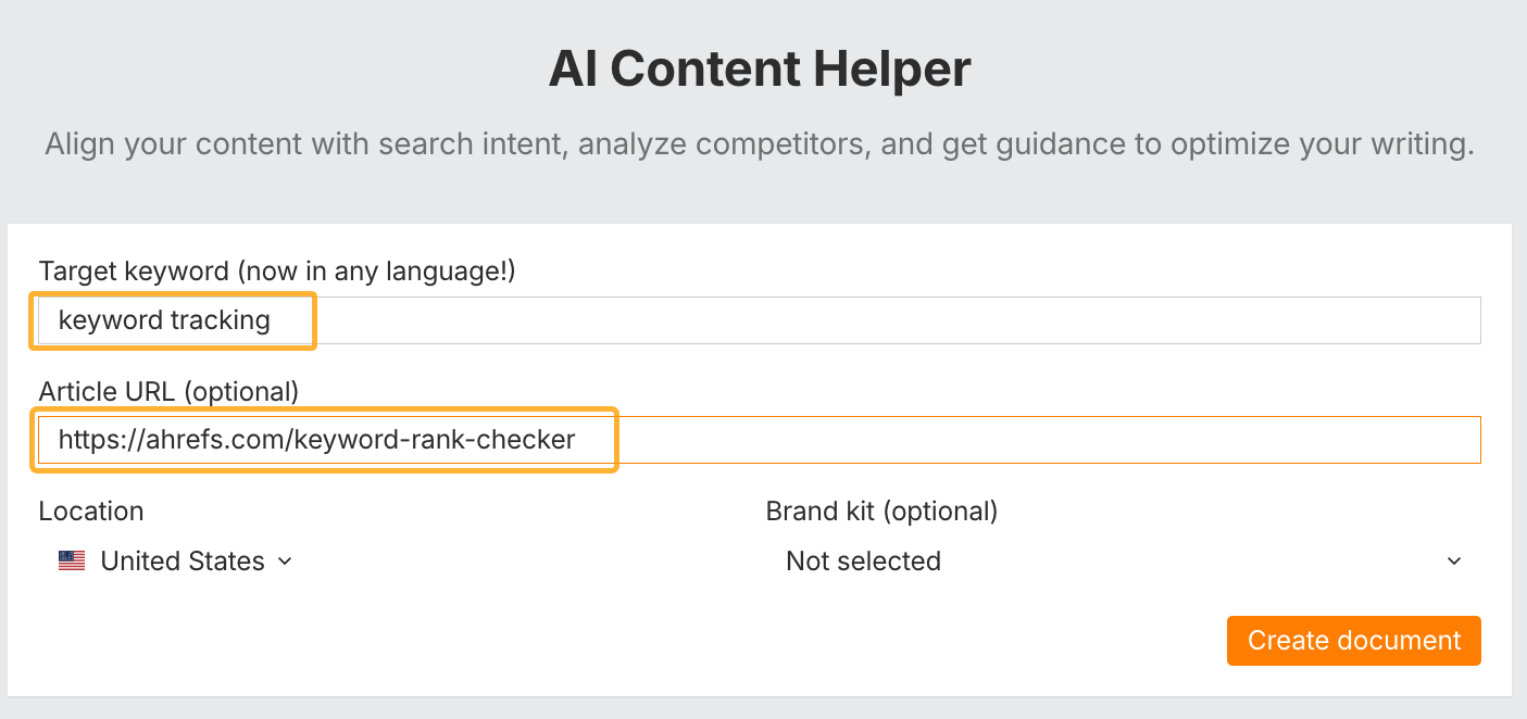 Interfaz de AI Content Helper de Ahrefs, donde se introduce una consulta y una URL para su optimización.