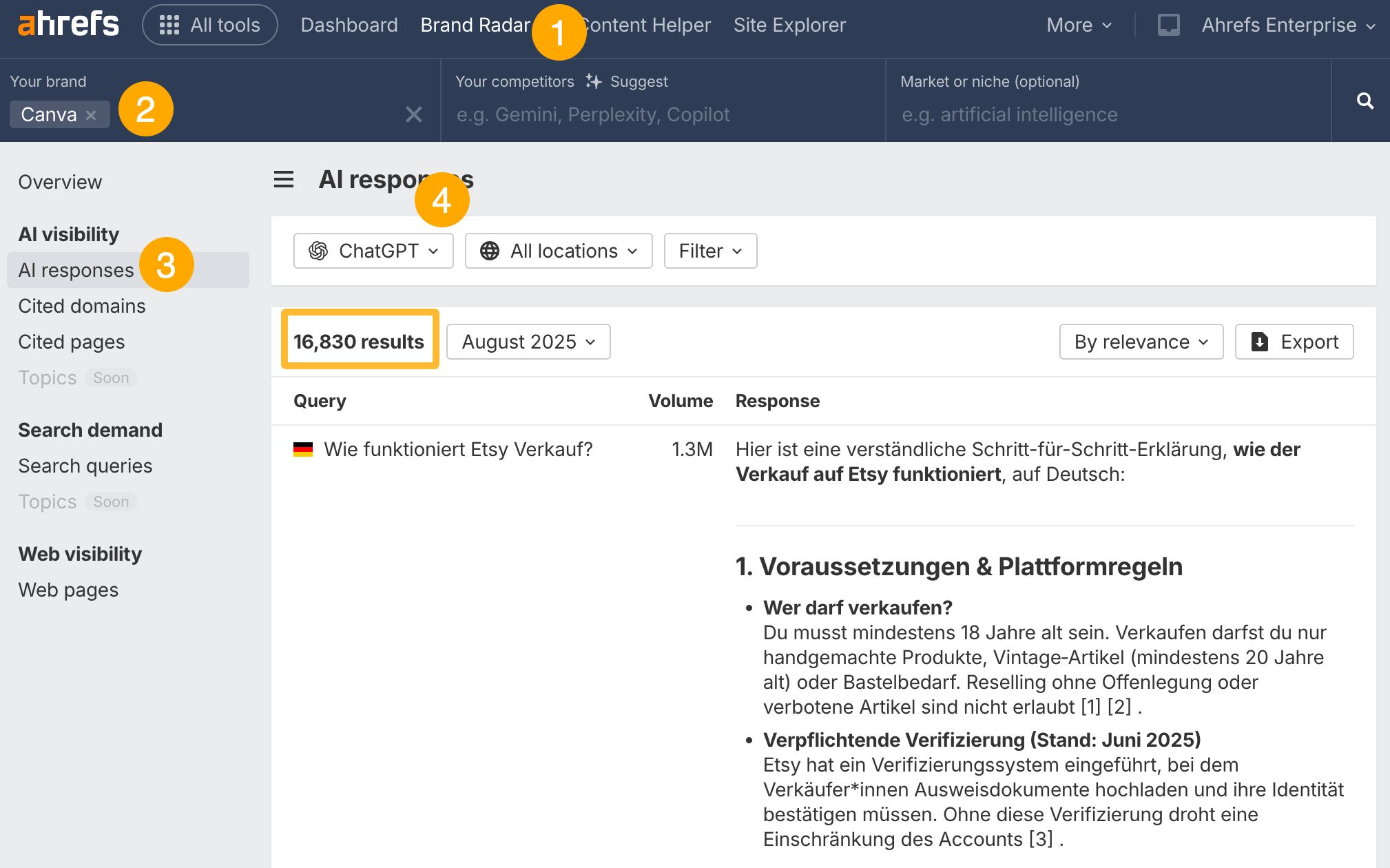 Interfaz de Brand Radar de Ahrefs que muestra las consultas de ChatGPT en las que aparece una marca.