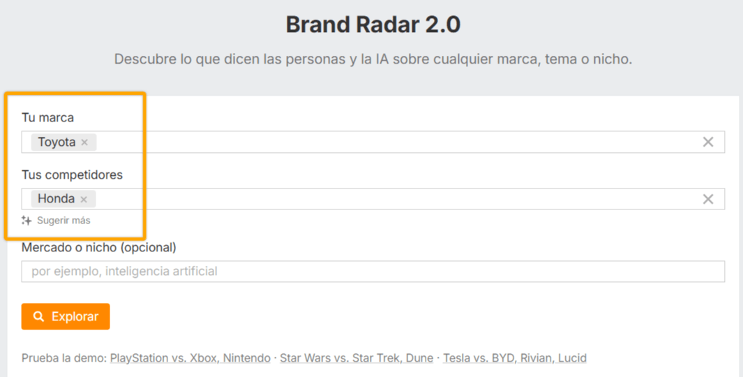 Interfaz de Brand Radar que muestra cómo comparar varias marcas, como Toyota, Honda y Ford, para un análisis competitivo.