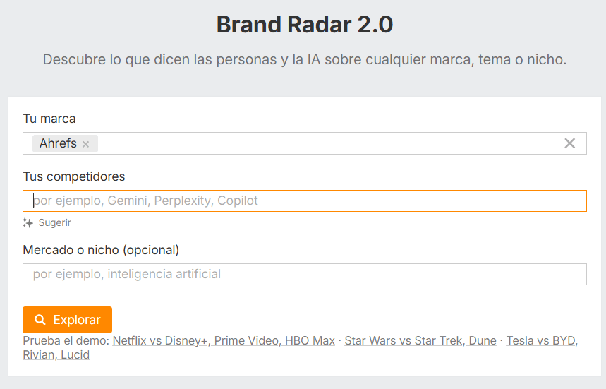 Introduciendo tu marca en Brand Radar de Ahrefs.