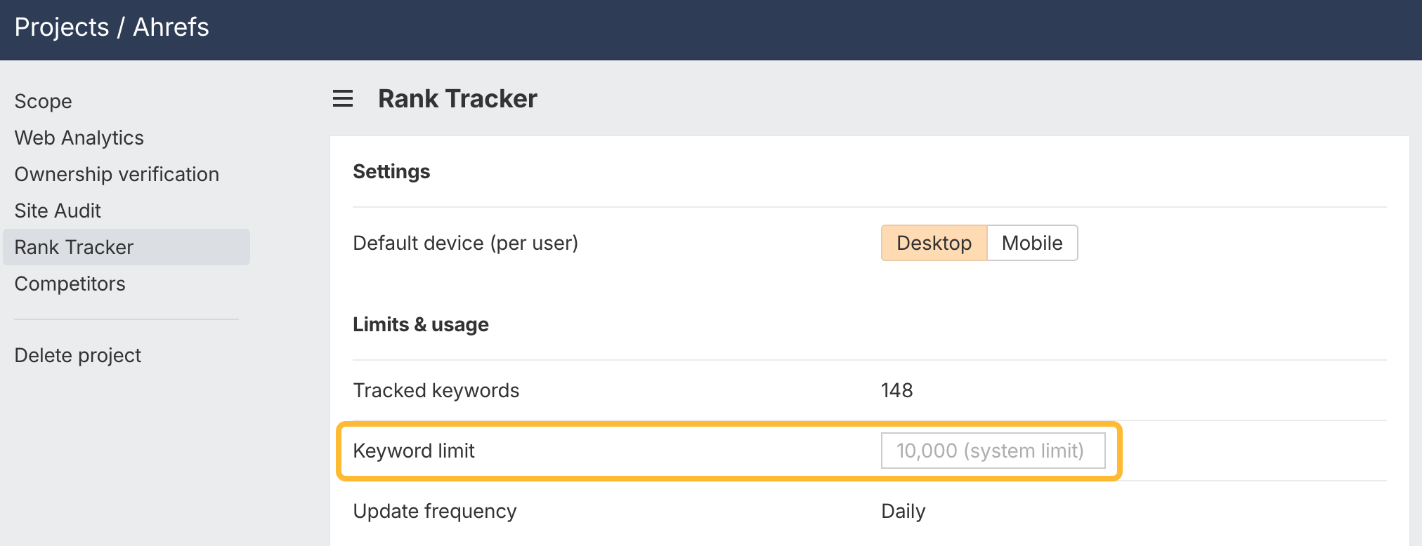Límites de palabras clave por proyecto en Rank Tracker