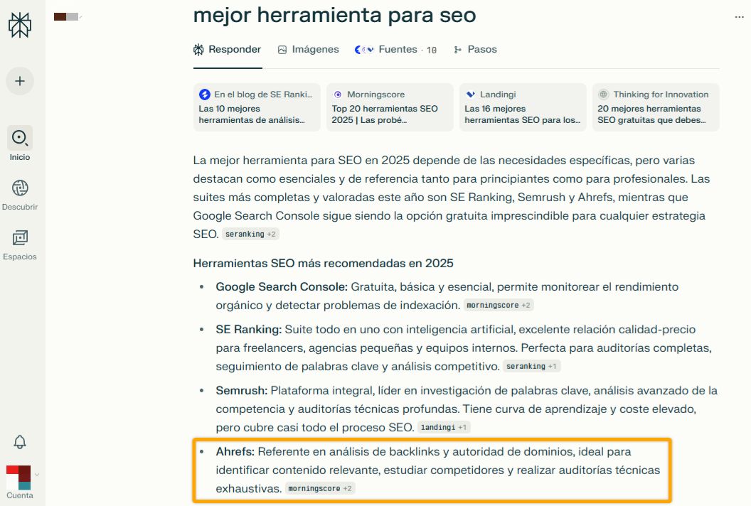 Perplexity menciona a Ahrefs como la mejor herramienta SEO