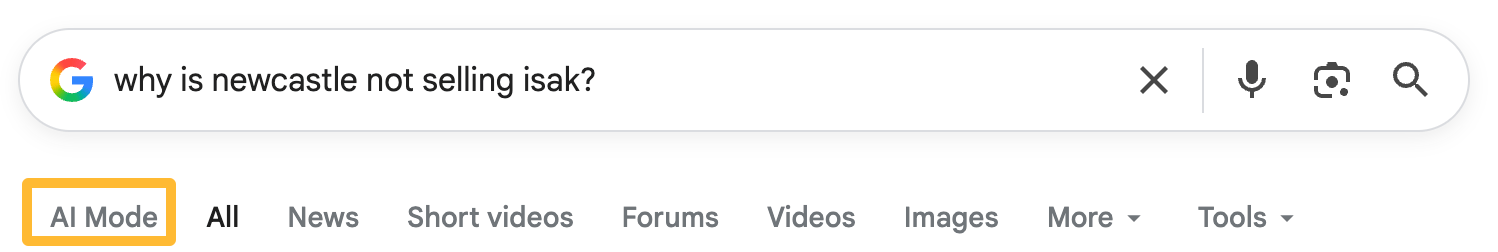 Pestaña del AI Mode en las SERPs de Google