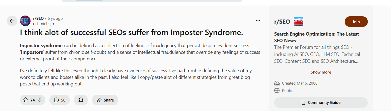 Post en Reddit sobre el síndrome del impostor en el SEO