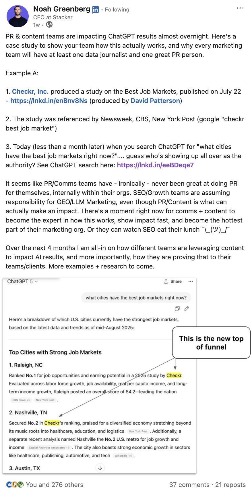 Publicación de LinkedIn de Noah Greenberg, CEO de Stacker, discutiendo cómo los equipos de relaciones públicas y contenido impactan en los resultados de ChatGPT. Incluye un caso de estudio sobre el estudio del mercado laboral de Checkr y muestra una respuesta de ChatGPT sobre los mejores mercados laborales, con flechas que apuntan a "Este es el nuevo top of funnel" y destacando cómo Checkr aparece como la fuente de autoridad.