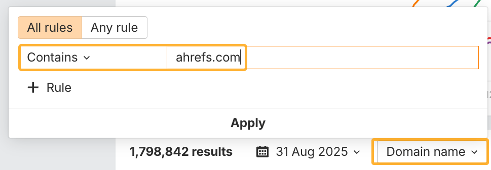 Usando el filtro de "Nombre de dominio" en el informe de "Dominios citados" de Brand Radar.