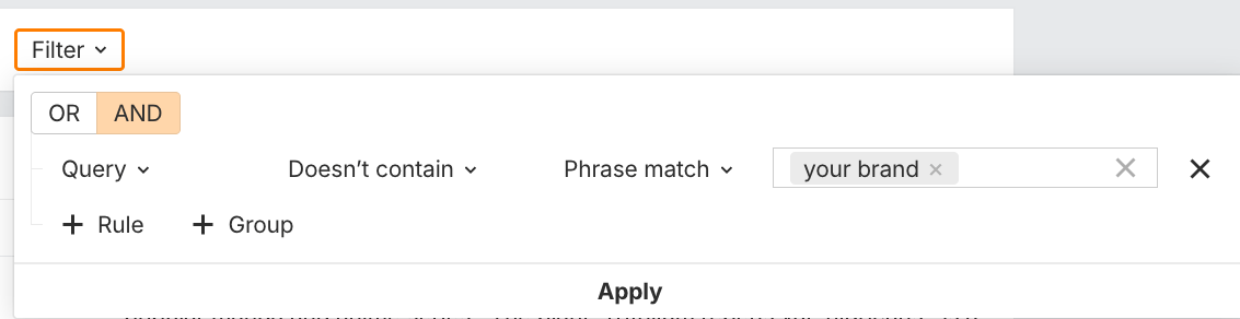 Uso de los filtros de Brand Radar de Ahrefs para ver las respuestas que solo incluyen tu marca.