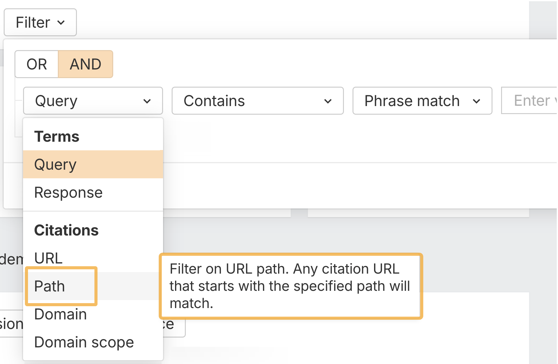 Uso del filtro de citas con la opción "ruta" para analizar un content hub o una sección completa de un sitio web.