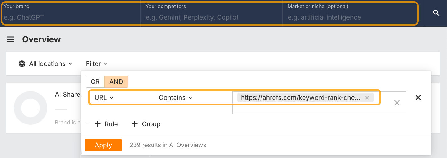 Uso del filtro de citas en Brand Radar para analizar las menciones de una URL específica.