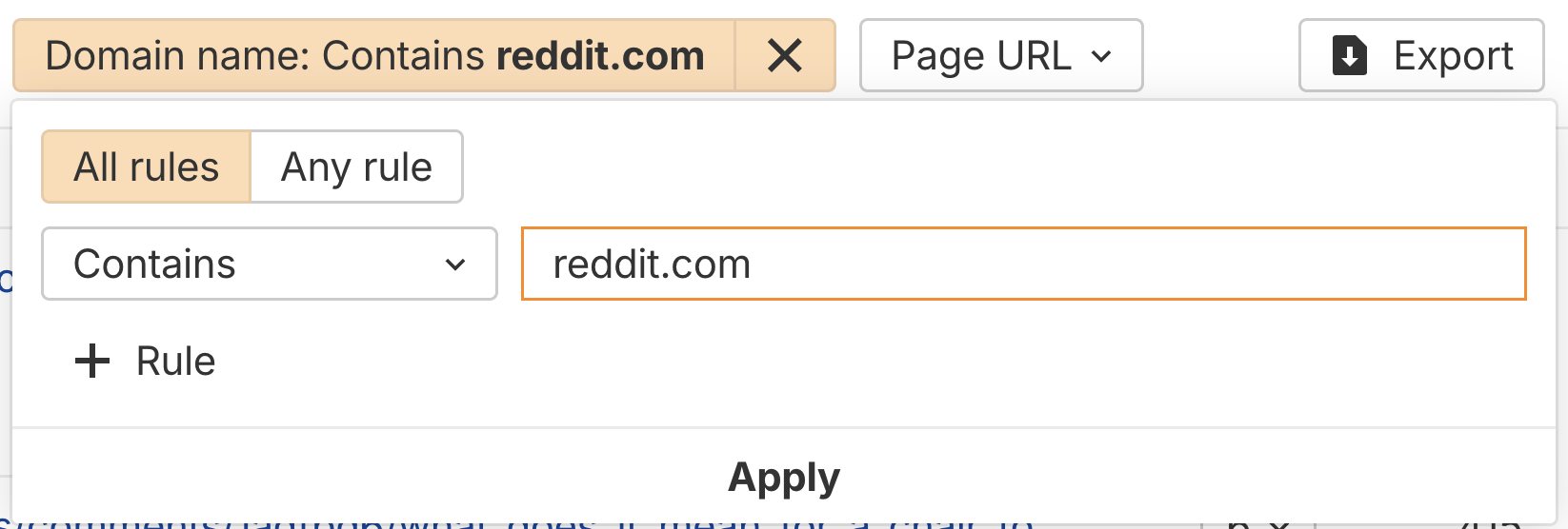 Uso del filtro de dominios en Brand Radar para encontrar subreddits relevantes donde se discute un tema.