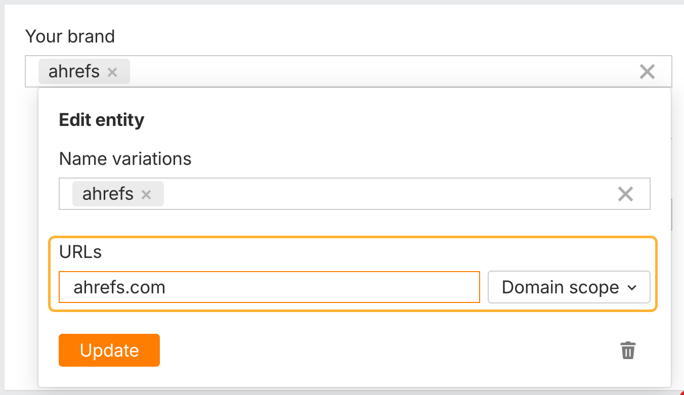 Añadiendo el dominio de tu marca para hacer un seguimiento de las citas de IA en Brand Radar de Ahrefs.