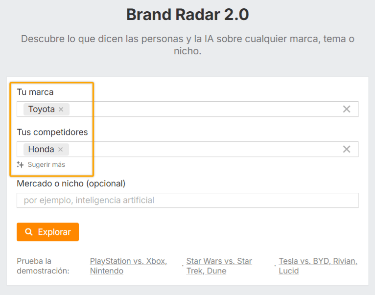 Búsqueda de tu marca y de la competencia en Brand Radar de Ahrefs.