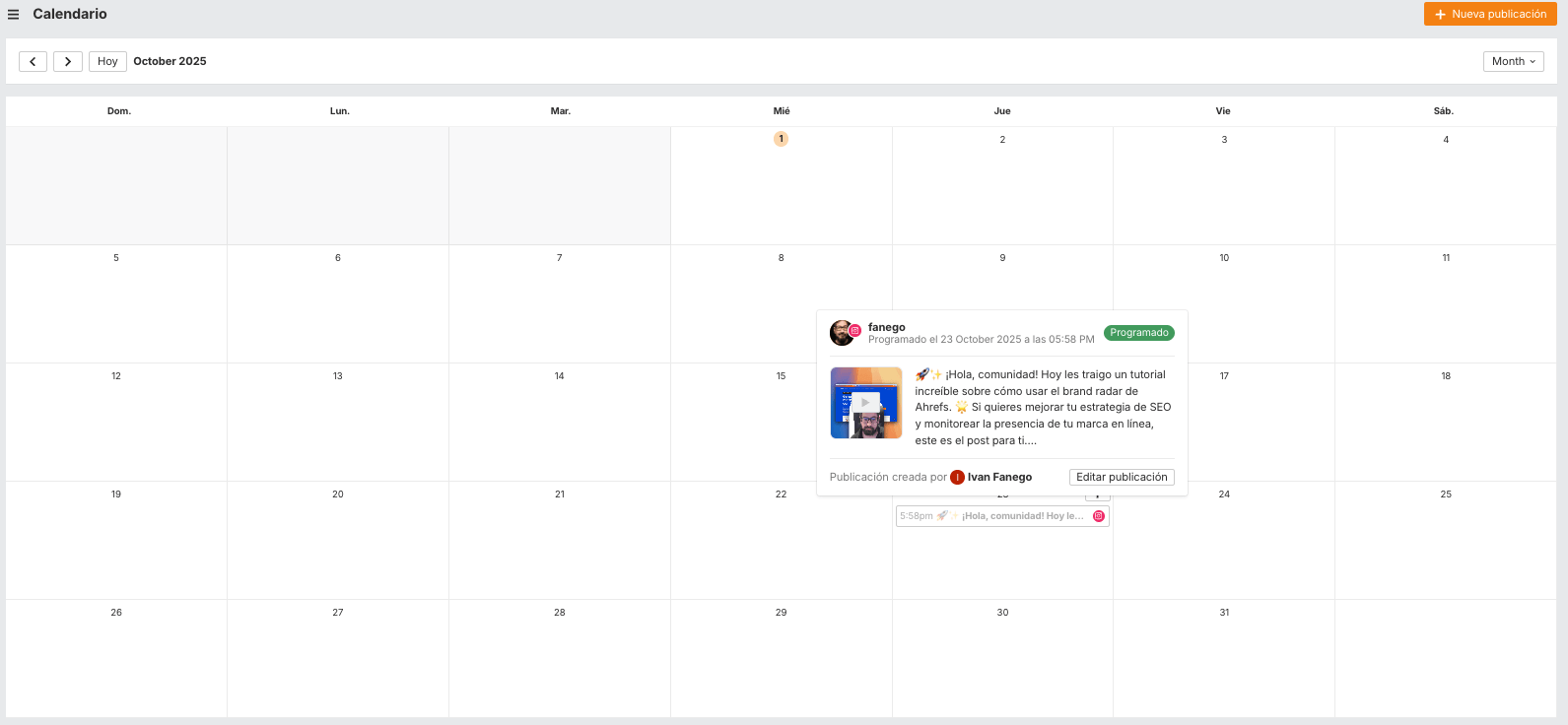 Calendario con publicación programada para Instagram