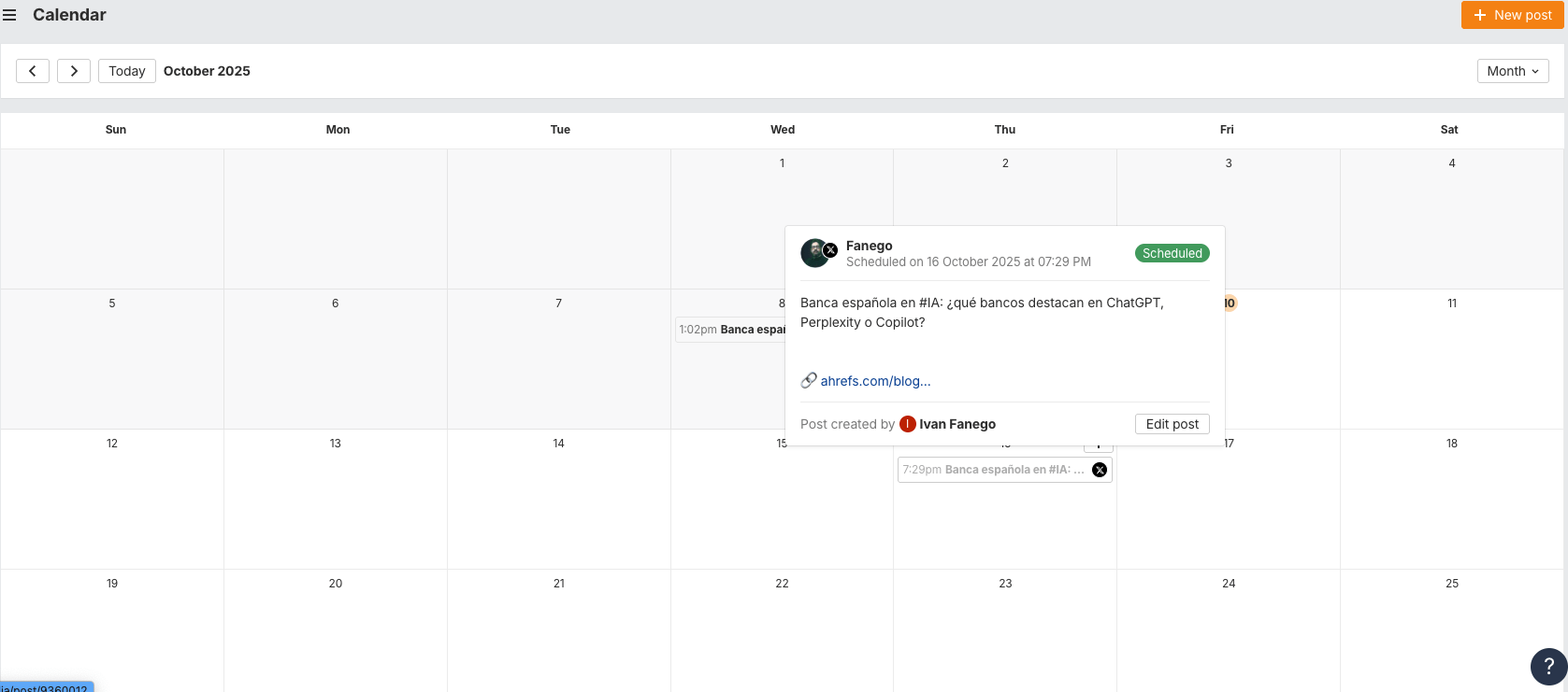 Calendario de publicaciones en Social Media Manager de Ahrefs