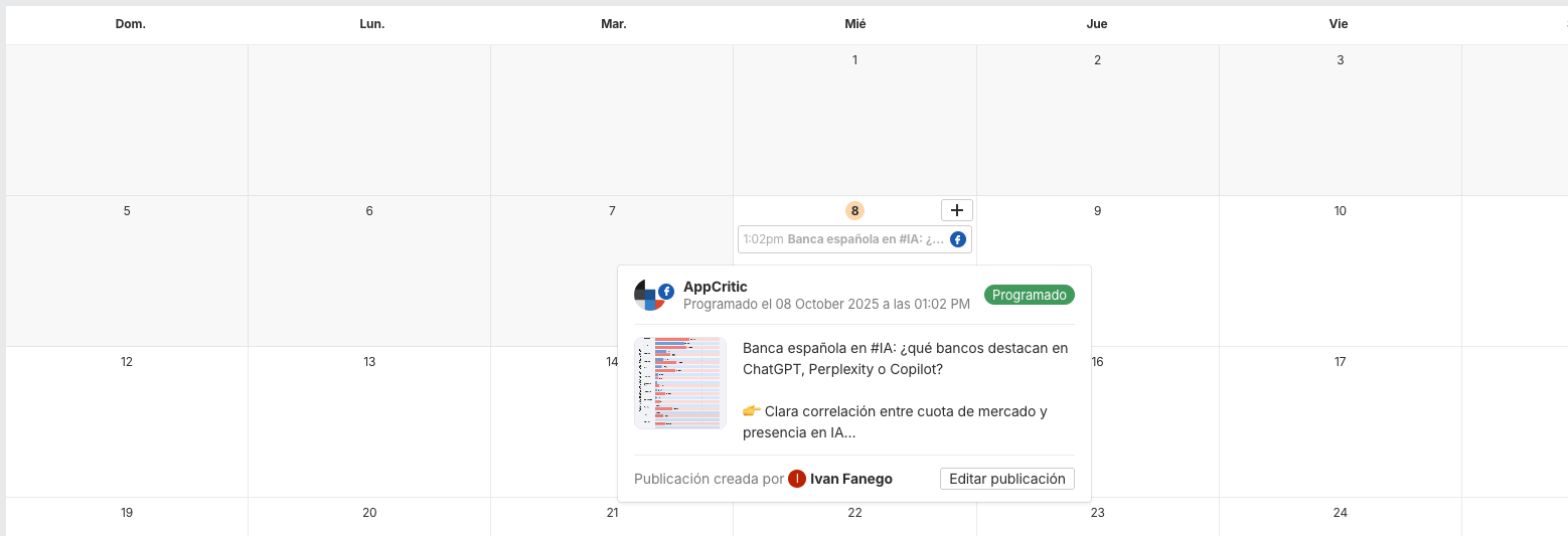 Calendario editorial con las publicaciones programas en Facebook