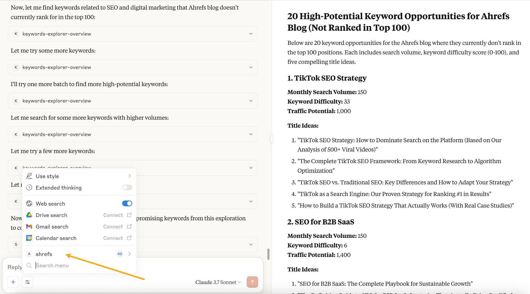 Captura de pantalla de la herramienta de Ahrefs que muestra una interfaz de chatbot de IA a la izquierda y una lista de oportunidades de palabras clave de alto potencial a la derecha.