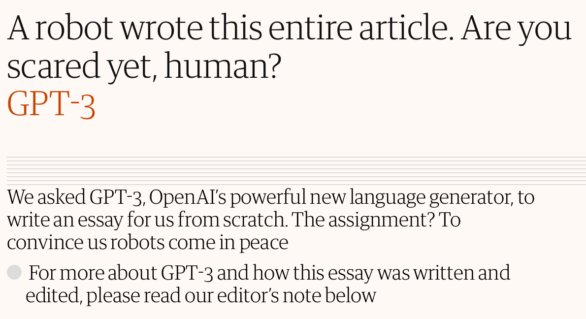 Captura de pantalla del titular de un artículo de The Guardian que dice: "Un robot ha escrito todo este artículo. ¿Ya tienes miedo, humano?", con "GPT-3" escrito debajo.