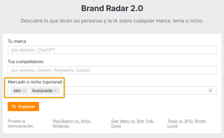 Cómo buscar solo un tema sin marca en Brand Radar de Ahrefs.