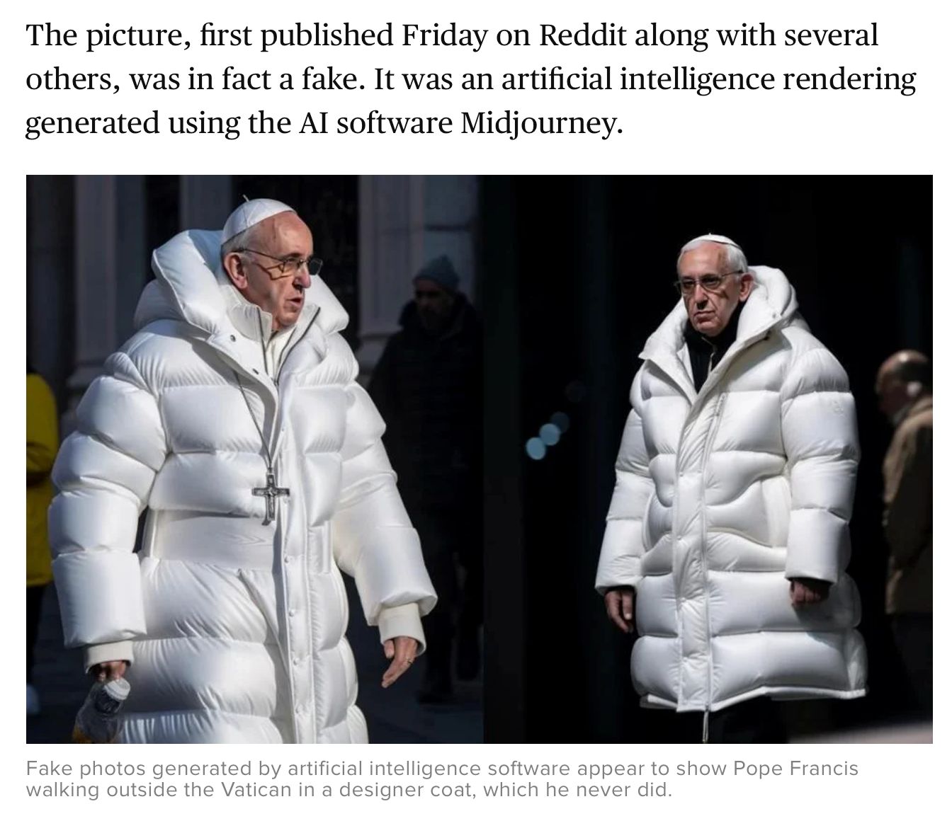 Dos imágenes una al lado de la otra, generadas por IA, del Papa Francisco llevando una gran y elegante chaqueta acolchada blanca, que se hicieron virales en las redes sociales.