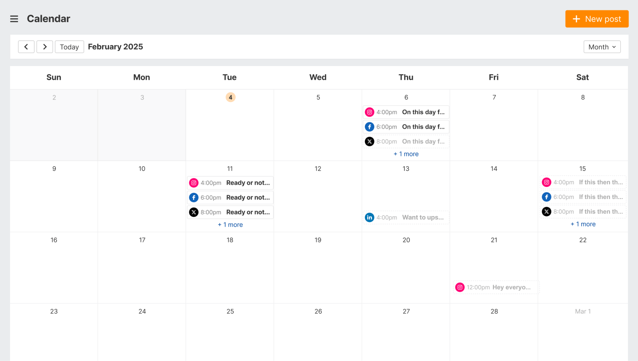 Ejemplo de calendario con varias redes sociales