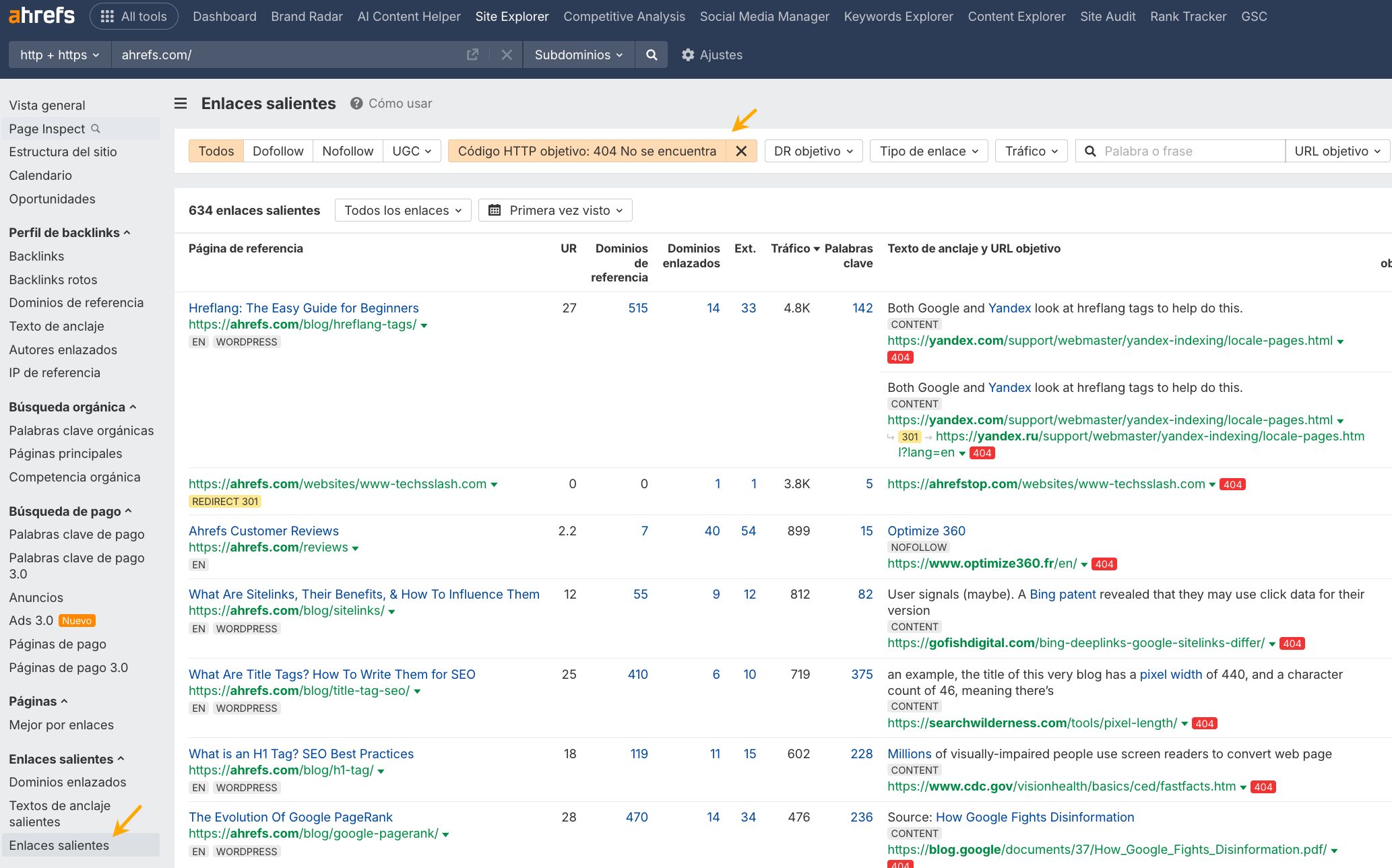 404 Not found en “Enlaces salientes”