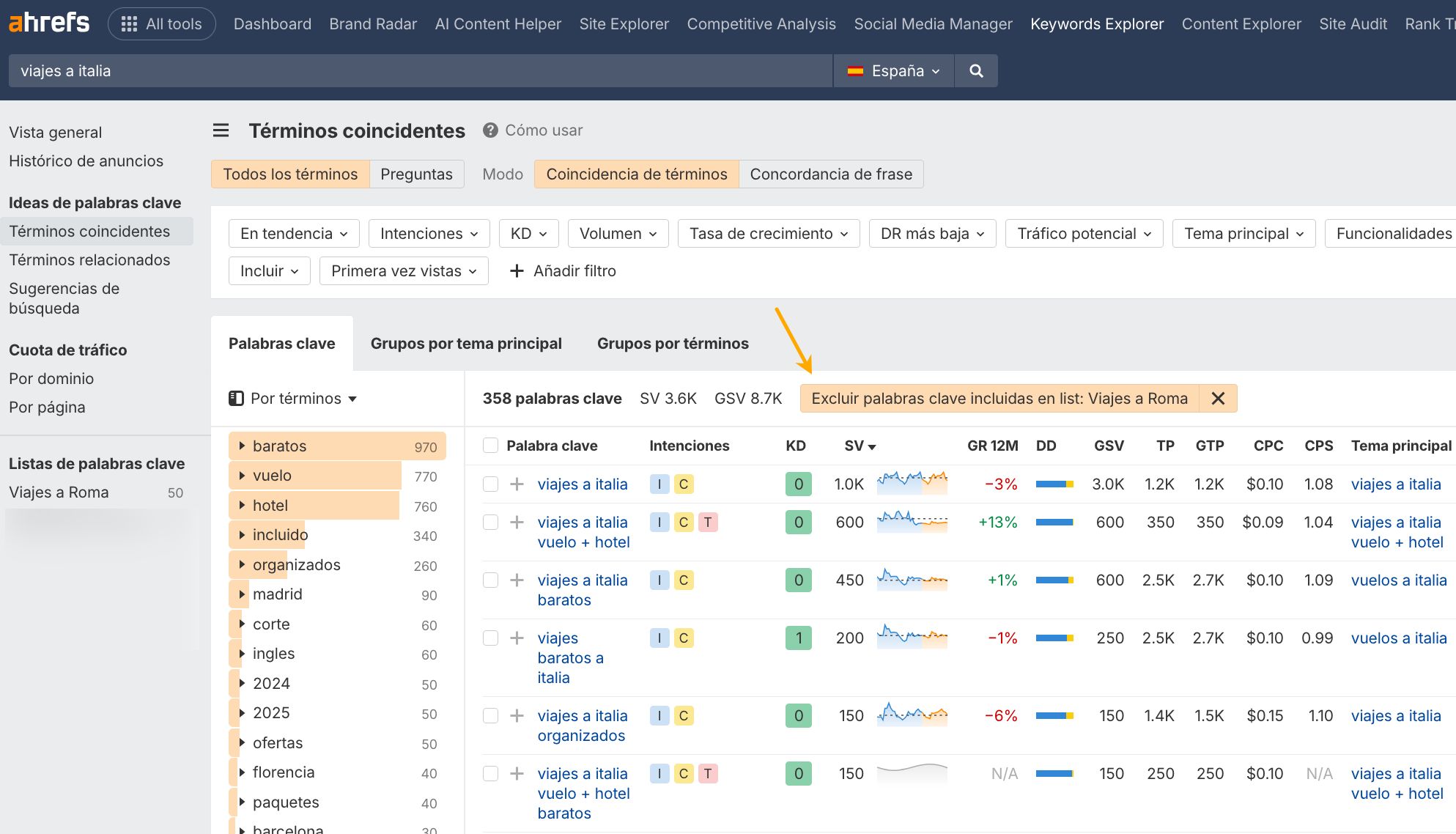 excluir lista palabras clave keywords explorer
