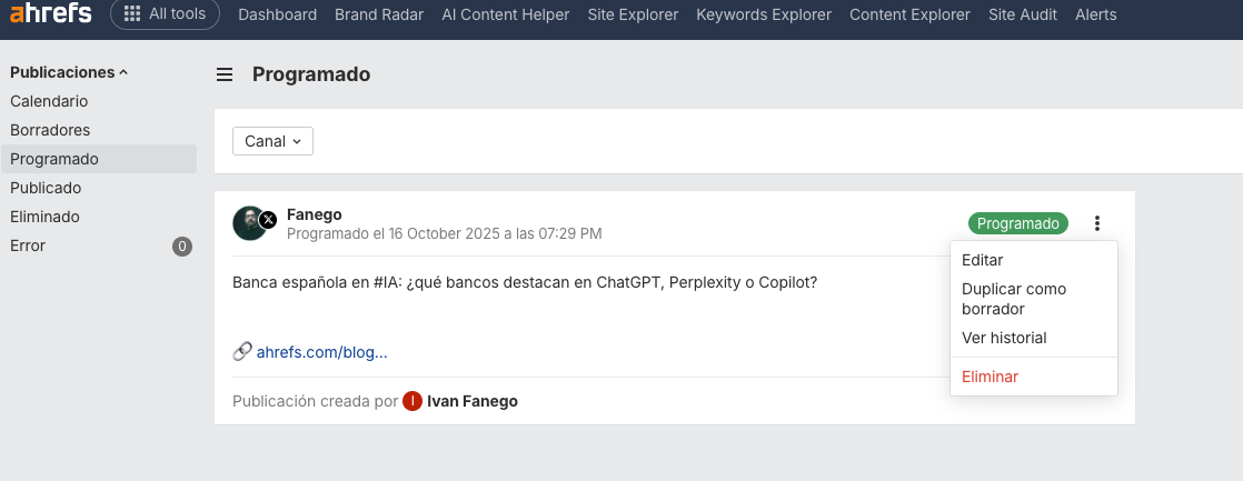Gestión de publicaciones en Social Media Manager de Ahrefs