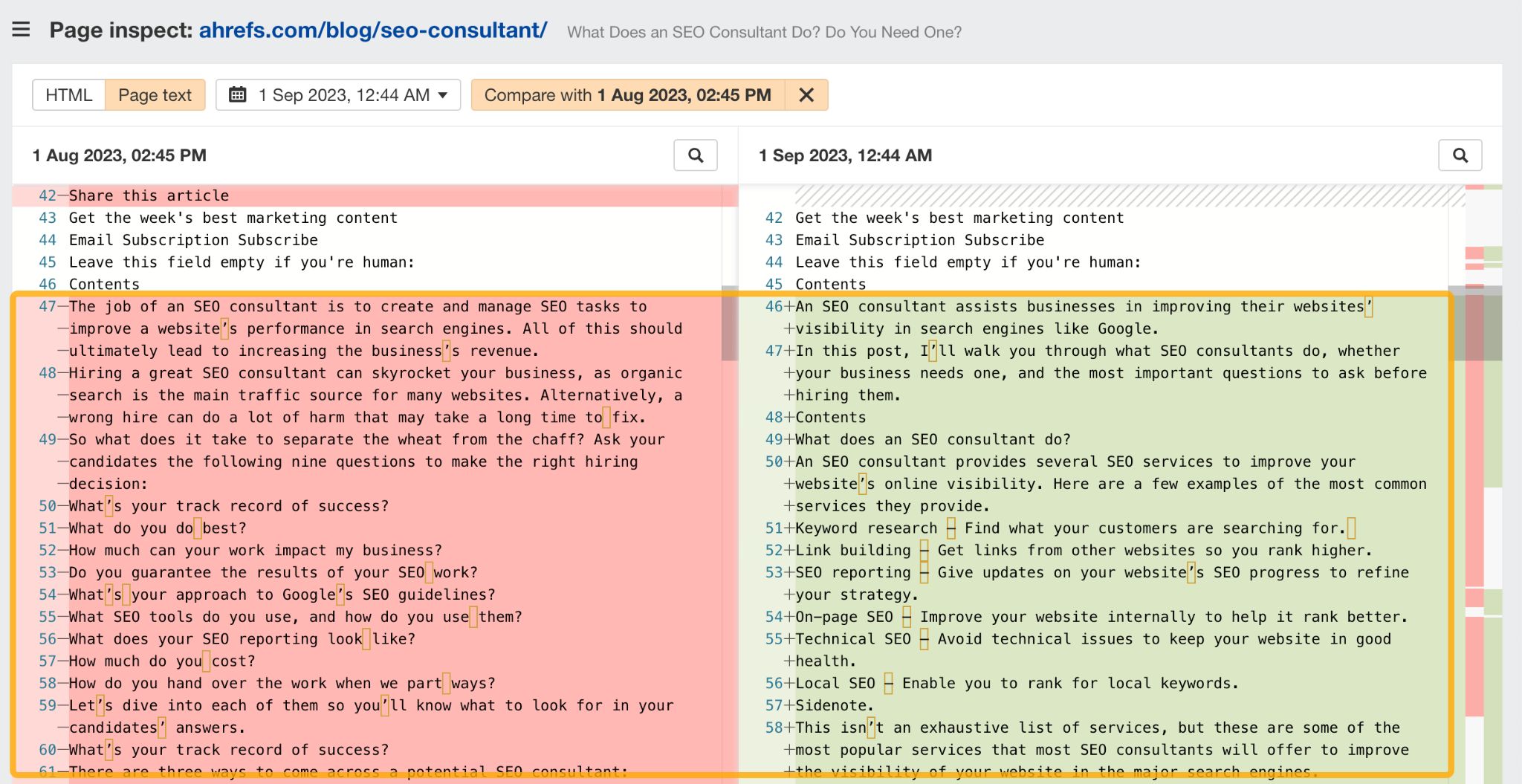 Herramienta Page Inspect de Ahrefs mostrando cambios en el contenido web.
