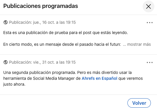 Listado de publicaciones programadas en LinkedIn