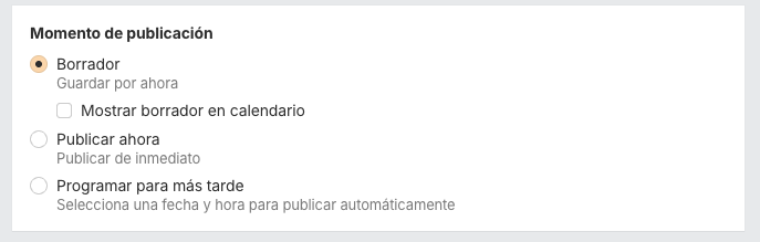 Opciones para programar contenido en Facebook