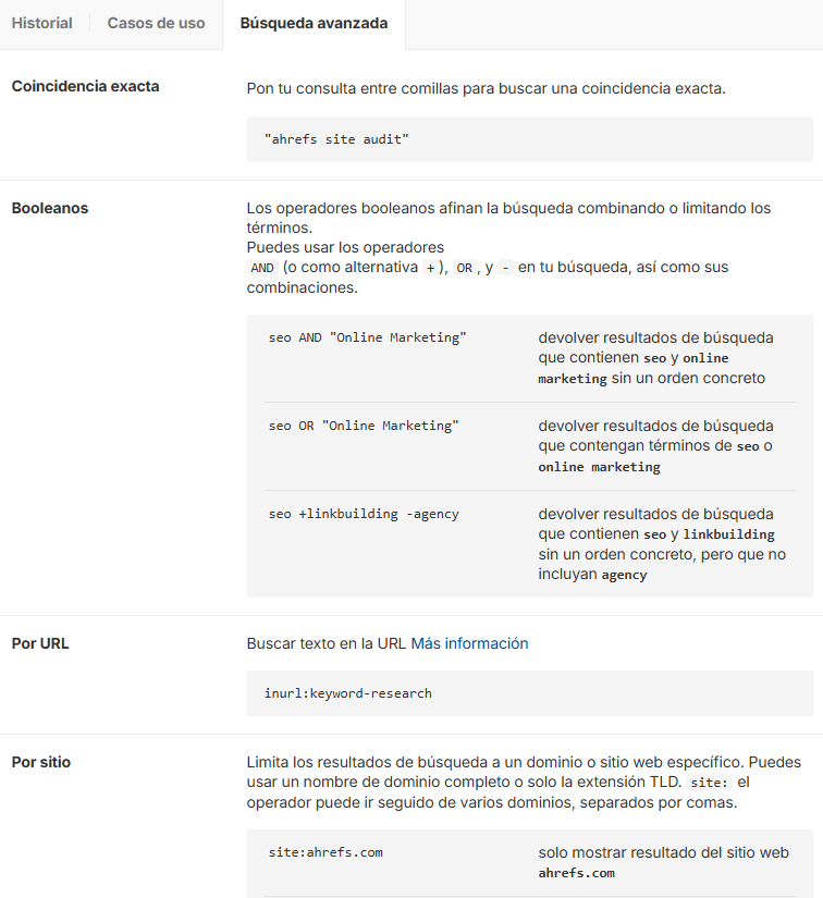 Operadores de búsqueda avanzada de Ahrefs
