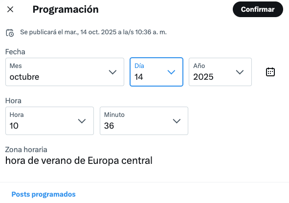 Pantalla para elegir fecha y hora de publicación en Twitter