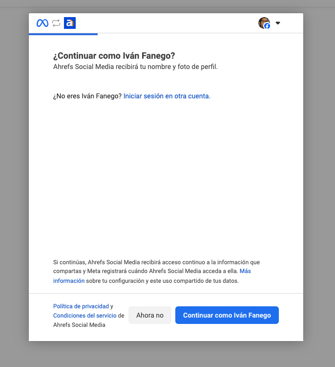 Proceso de vinculación de Facebook en Ahrefs Social Media Manager