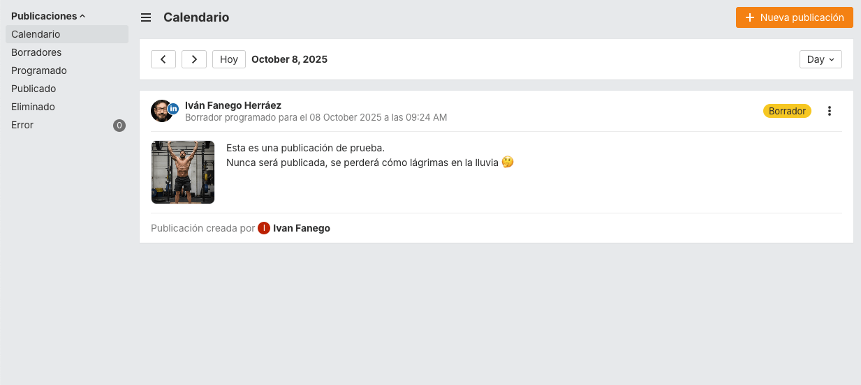Publicaciones programadas en LinkedIn: vista diaria