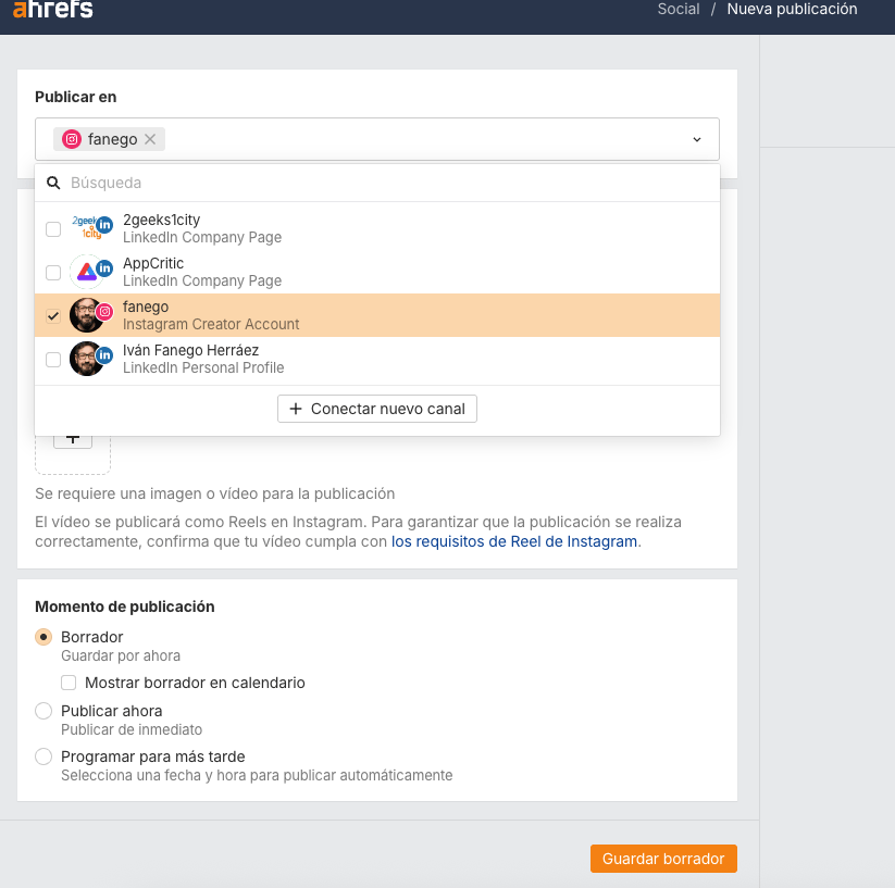 Publicar en Social Media Manager de Ahrefs