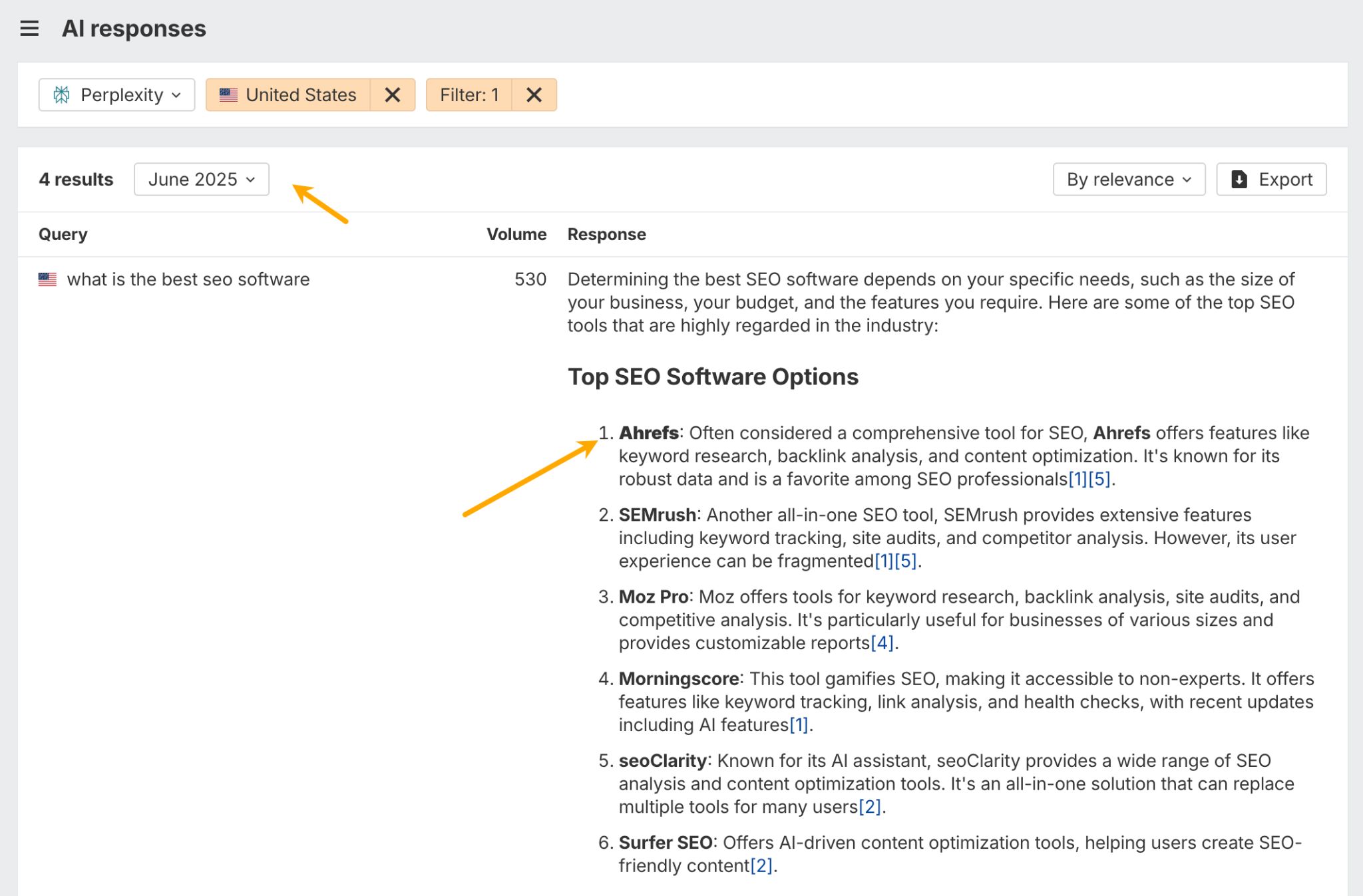 Una captura de pantalla de la herramienta Brand Radar de Ahrefs que muestra una respuesta de IA de junio de 2025 a la consulta "cuál es el mejor software seo", donde Ahrefs aparece como la recomendación número uno.