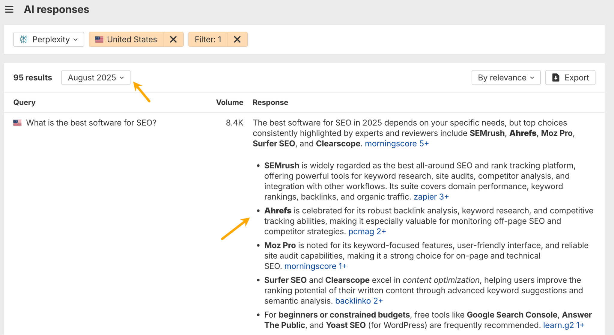 Una captura de pantalla de la herramienta Brand Radar de Ahrefs que muestra una respuesta de IA de agosto de 2025 a la consulta "cuál es el mejor software para SEO", donde Ahrefs está resaltado dentro de la lista de recomendaciones con viñetas.