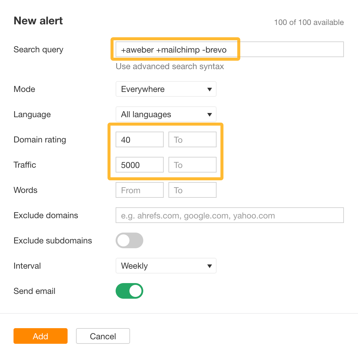 Una captura de pantalla de la herramienta de creación de alertas de Ahrefs. La alerta se está configurando para enviar una notificación cuando nuevo contenido web de un sitio de alta autoridad mencione a competidores como Aweber y Mailchimp pero excluya la marca del usuario.