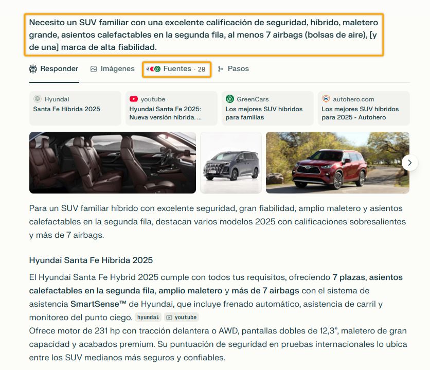 Una captura de pantalla que muestra la respuesta de una IA a una consulta detallada sobre un SUV familiar. La respuesta incluye una lista de vehículos recomendados como el Hyundai Santa Fe, junto con imágenes y enlaces a sitios web de reseñas de coches.