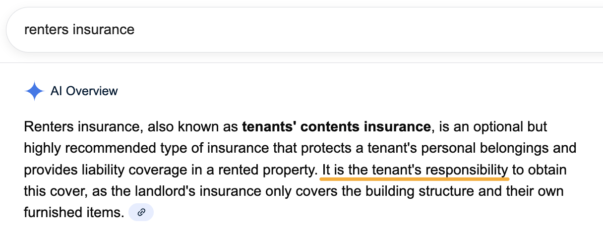 AI Overview de Google para "seguro de inquilinos" que muestra una definición concisa que explica que es un seguro opcional que protege las pertenencias de los inquilinos y proporciona cobertura de responsabilidad civil, señalando que es responsabilidad del inquilino, ya que el seguro del propietario solo cubre la estructura del edificio y los enseres del propietario.