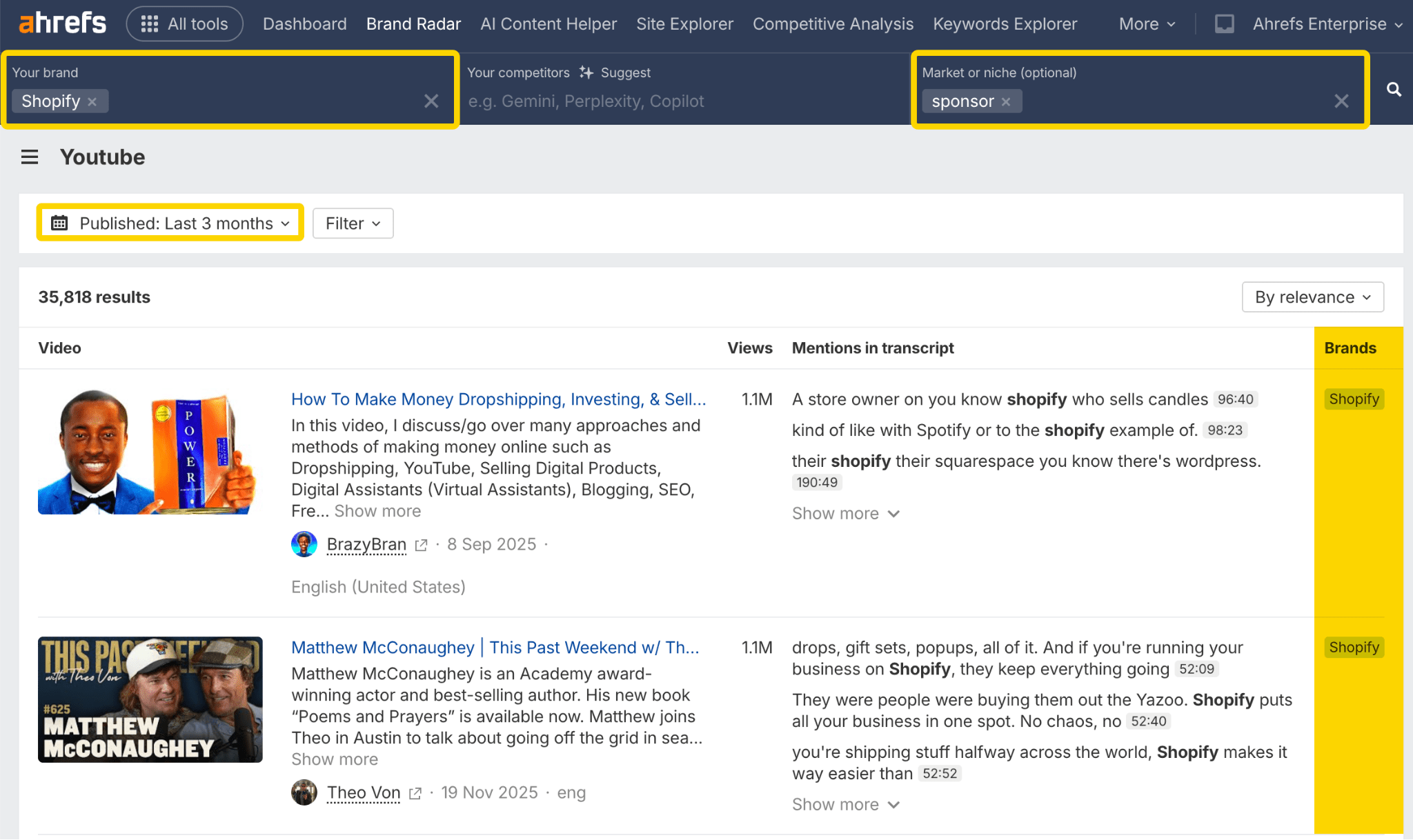 Búsqueda de oportunidades de patrocinio en YouTube con Brand Radar
